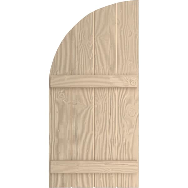 Sandblasted 4 Board Joined Board-n-Batten W/Quarter Round Arch Top Faux Wood Shutters, 22W X 72H